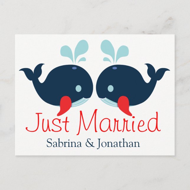 Nautical Red Just Married Wedding Navy Blue Whales Ankündigungspostkarte (Vorderseite)
