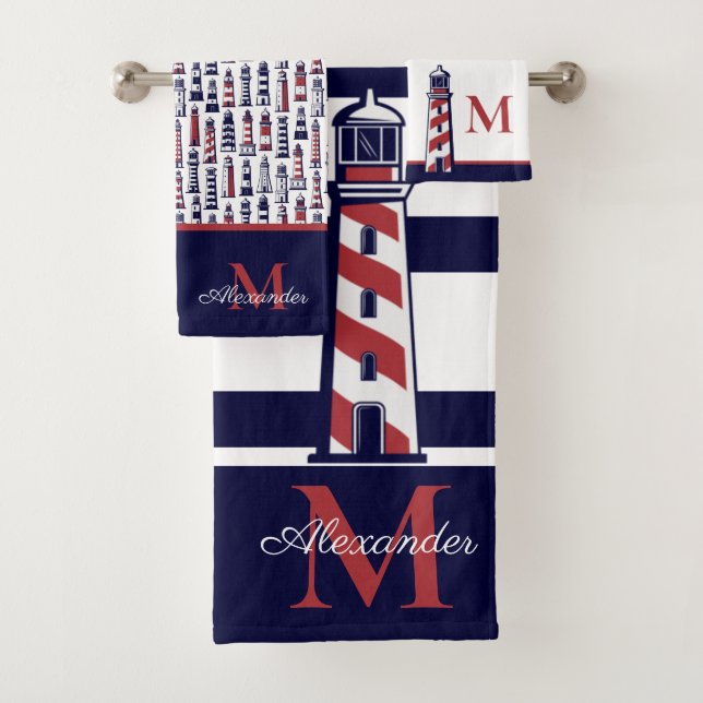 Nautical Red White Navy Blue Stripe Lighthouse Badhandtuch Set (Insitu)
