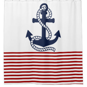 Nautical Red White Strips und Blauer Anker Duschvorhang