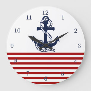 Nautical Red White Strips und Blauer Anker Große Wanduhr