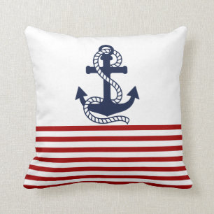Nautical Red White Strips und Blauer Anker Kissen