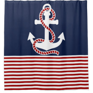 Nautical Red White Strips und Red Anchor Duschvorhang