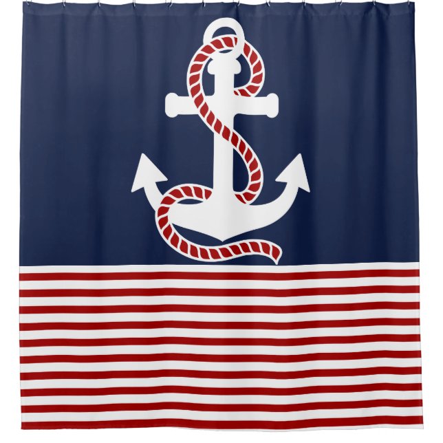 Nautical Red White Strips und Red Anchor Duschvorhang (Vorderseite)