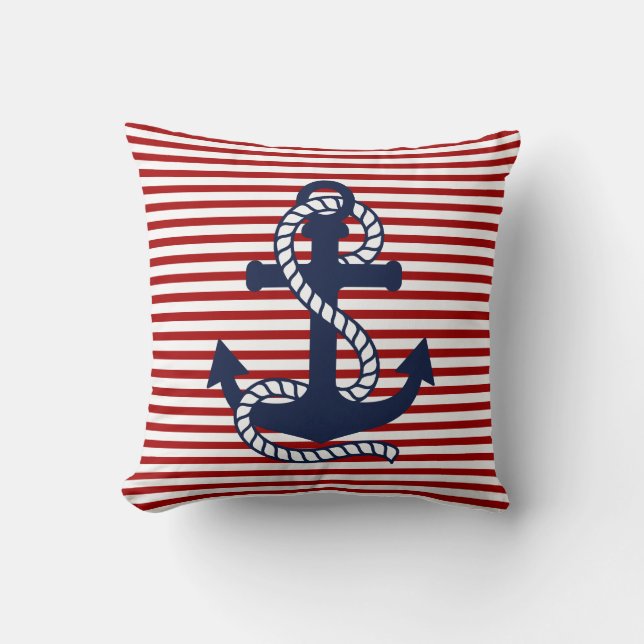 Nautical Red White Strips und Red Anchor Kissen (Vorderseite)