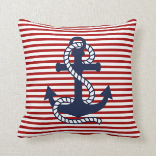Nautical Red White Strips und Red Anchor Kissen