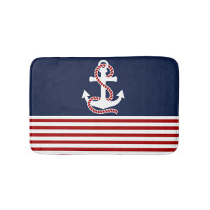 Nautical Red White Strips und White Anchor Badematte
