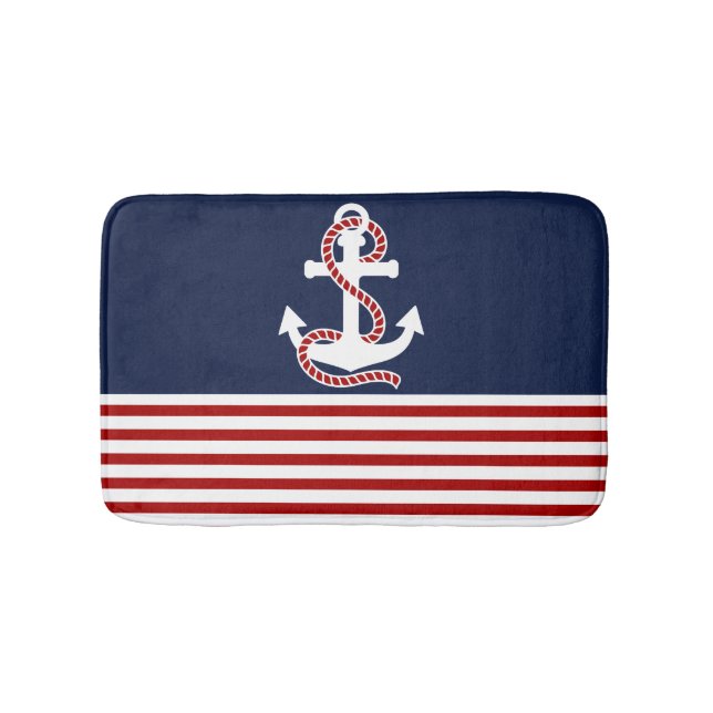 Nautical Red White Strips und White Anchor Badematte (Vorderseite)