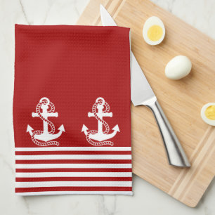 Nautical Red White Strips und White Anchor Geschirrtuch