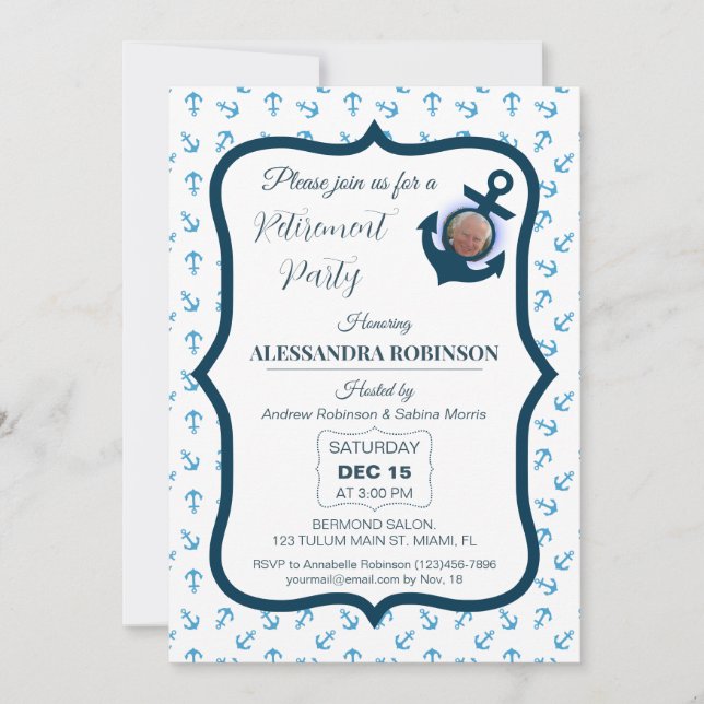Nautical Retirement Foto & Anchor Navy Blauen Töne Einladung (Vorderseite)