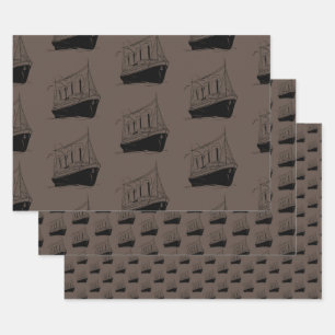 Nautical Retro Brown and Black Ship Sailing Boat Geschenkpapier Set