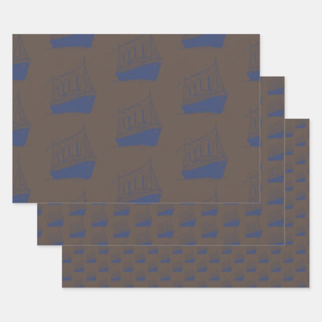 Nautical Retro Brown Navy Blue Ship Segelboot Geschenkpapier Set (Set)