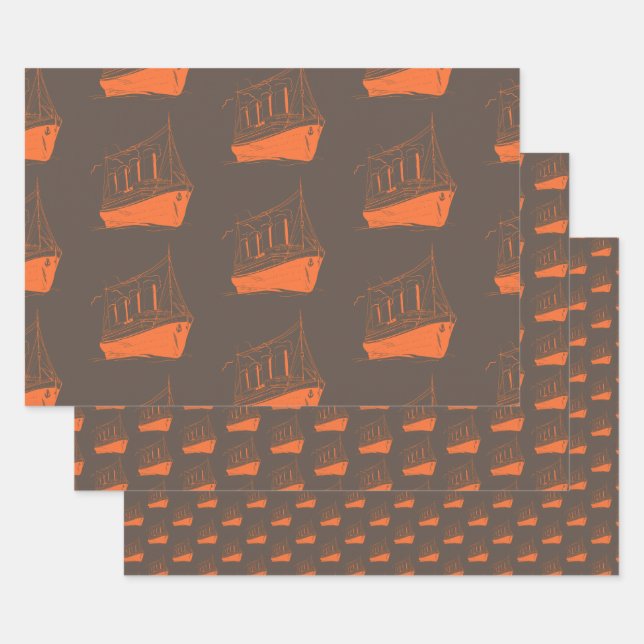 Nautical Retro Brown Orange Ship Boat Geschenkpapier Set (Set)