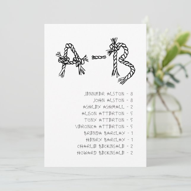 Nautical Rope Alphabet Wedding Seating Chart Card  Einladung (Stehend Vorderseite)