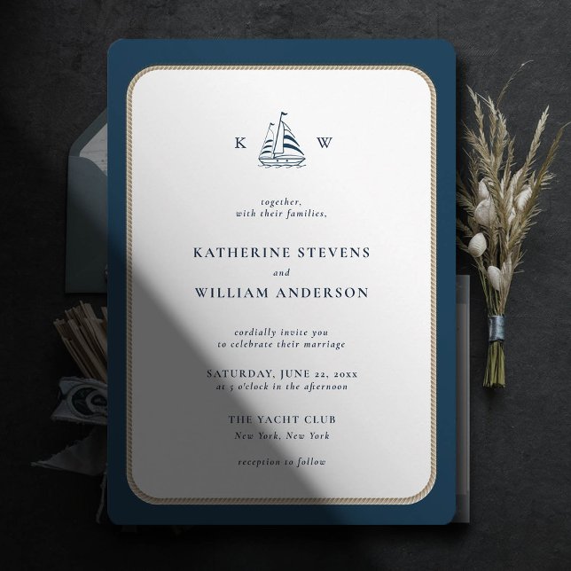 Nautical Rope Frame Navy weiße Monogramme Hochzeit Einladung (simple beach boat wedding invitation nautical rope white navy modern classic minimalist)