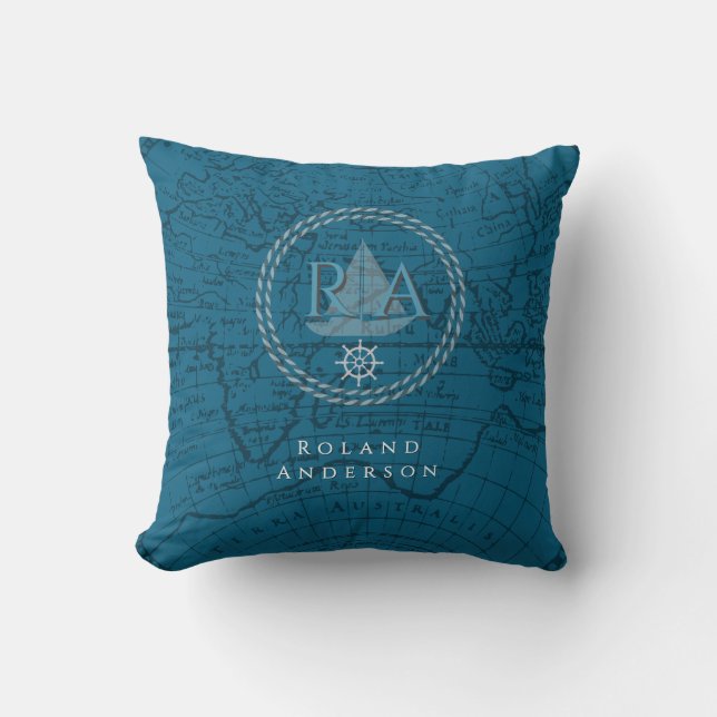 Nautical Rope Monogram Map Blue Kissen (Vorderseite)