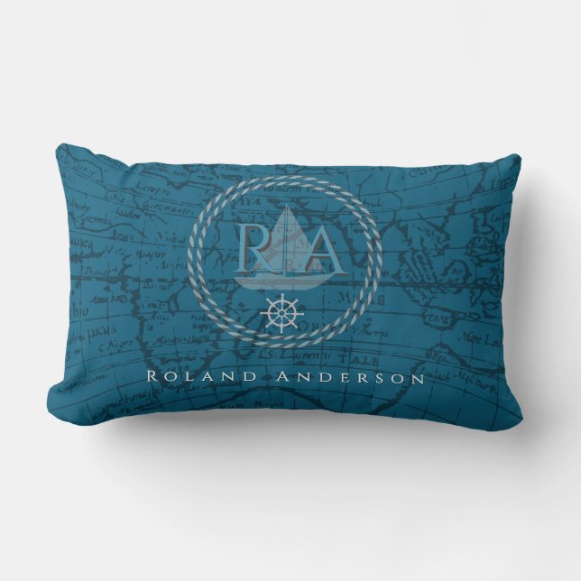 Nautical Rope Monogram Map Blue Lendenkissen (Vorderseite)