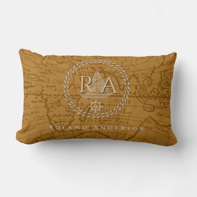 Nautical Rope Monogram Map Brown Lendenkissen (Vorderseite)