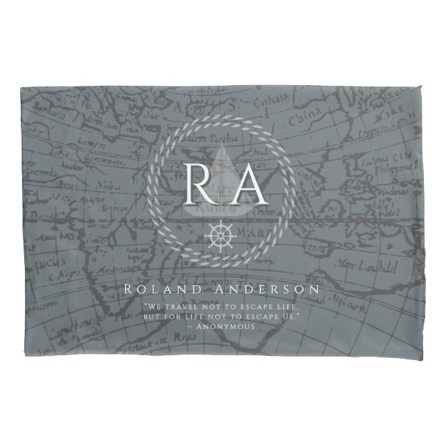 Nautical Rope Monogram Map Grey Kissenbezug (Vorderseite)