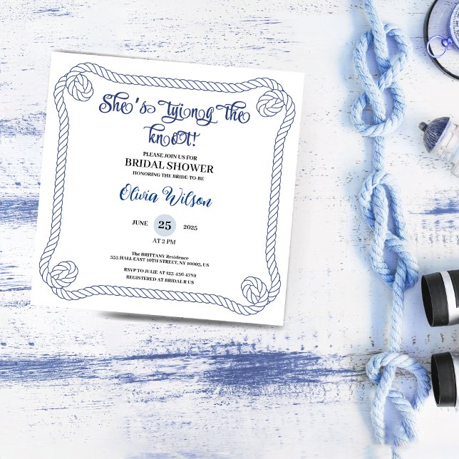 Nautical Rope she’s Tying the Knot  Bridal Shower  Einladung (nautical bridal shower invitations anchor summer beach rope ocean wedding beach theme simple minimal)