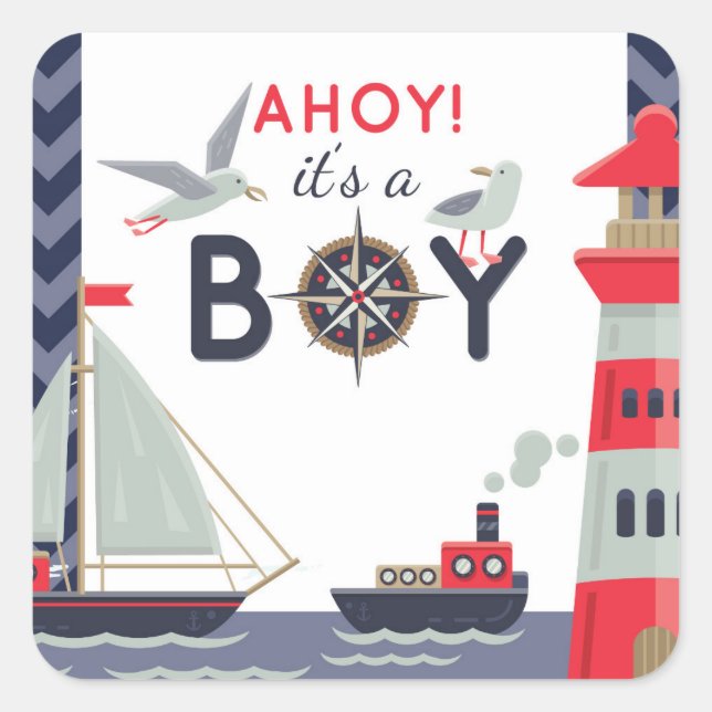 Nautical Sailboat Ahoy Baby Boy Dusche Einladung Quadratischer Aufkleber (Vorderseite)