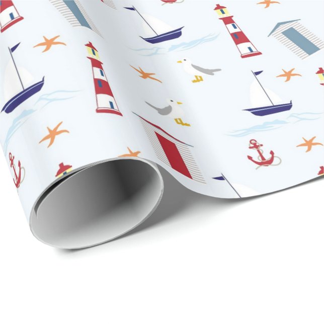 Nautical Sailboat Anchor Sea Gull Leuchtturm Ozean Geschenkpapier (Rolleneckpunkt)