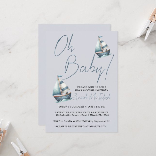 Nautical Sailboat Kinderdusche Einladung (Vorderseite/Rückseite Beispiel)