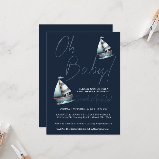 Nautical Sailboat Kinderdusche Einladung (Vorderseite/Rückseite Beispiel)