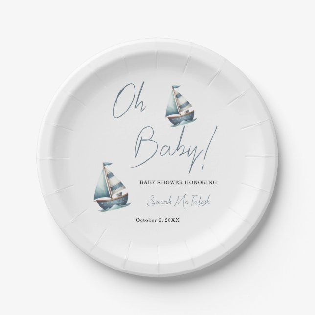 Nautical Sailboat Kinderdusche Einladung Pappteller (Vorderseite)