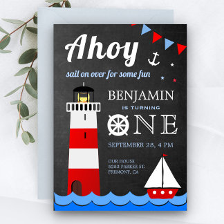 Nautical Sailboat Lighthouse Erste Geburtstagspart Einladung