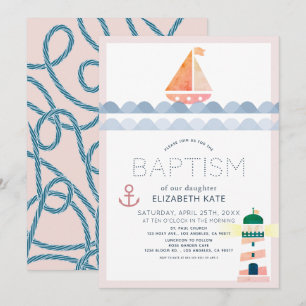 Nautical Sailboat & Lighthouse Pink Girl Taufe I Einladung