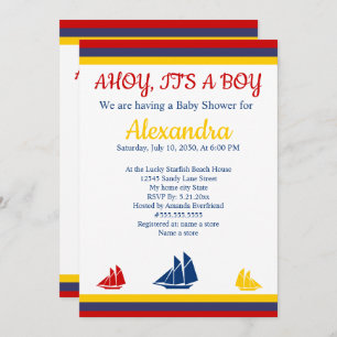 Nautical Sailboat Navy Blue Yellow Red Baby Dusche Ankündigung