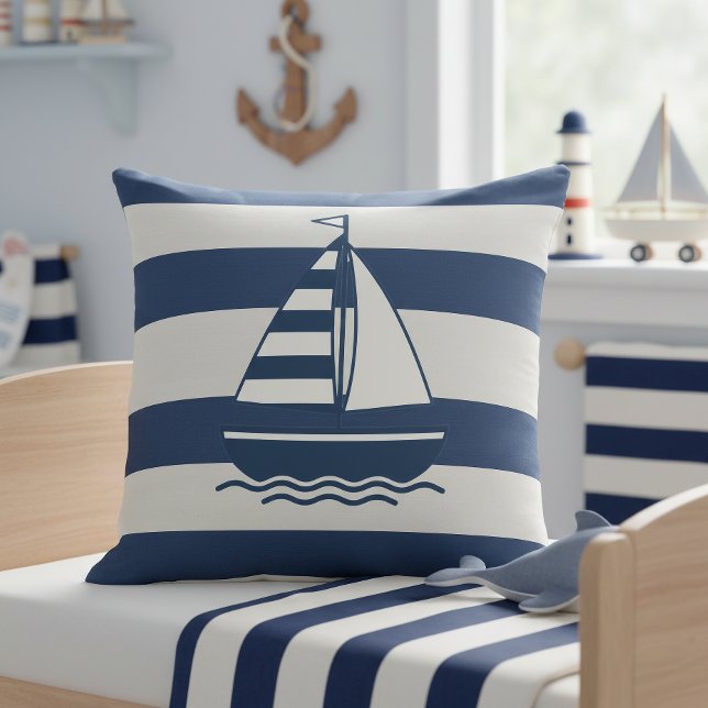 Nautical Sailboat & Stripe Navy White ID1255 Kissen (Von Creator hochgeladen)
