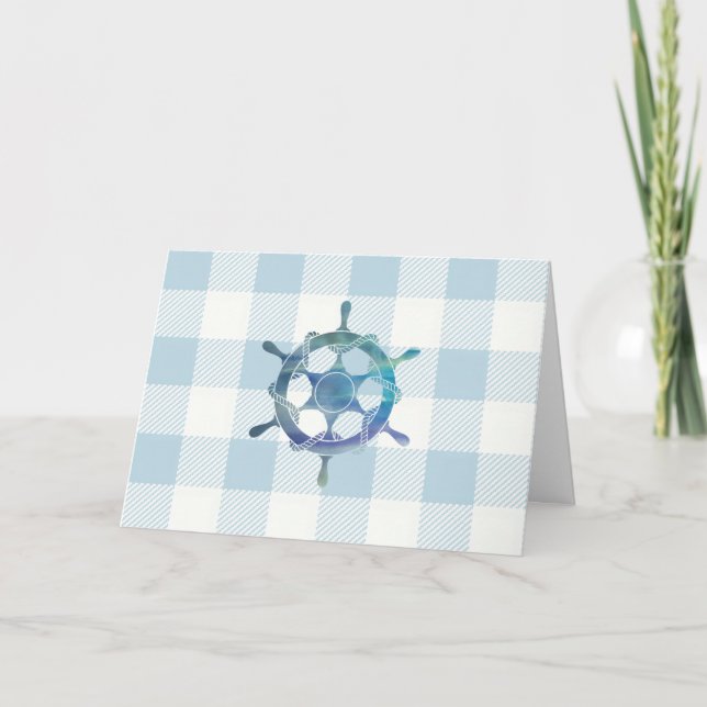 Nautical Sailboat Wheel Blue Gingham Pattern Karte (Vorderseite)