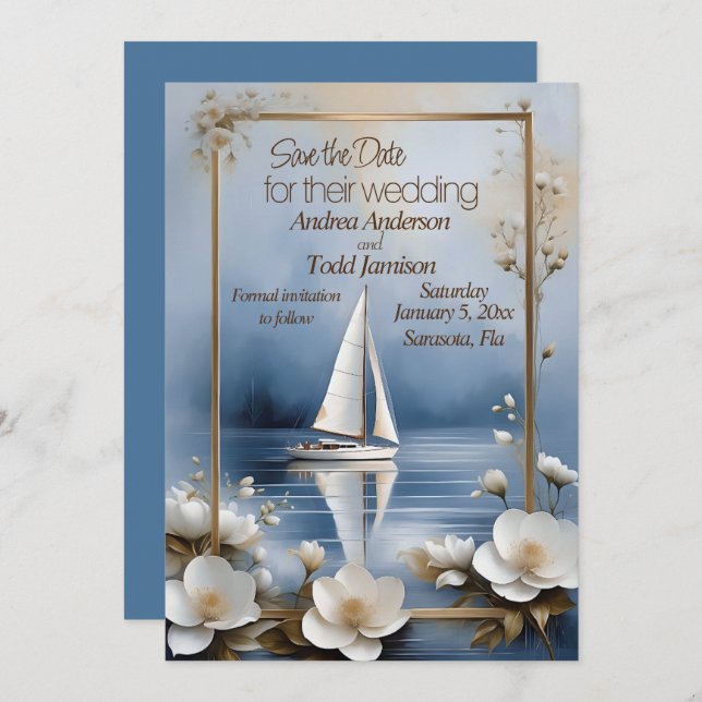 Nautical sailboat with flower frame wedding save the date (Vorne/Hinten)