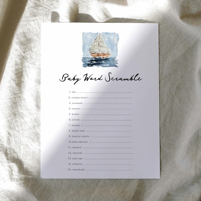 Nautical Sailboat Word Scramble Baby Showspiel (Nautical watercolor sailboat chic baby shower baby word scramble game.)
