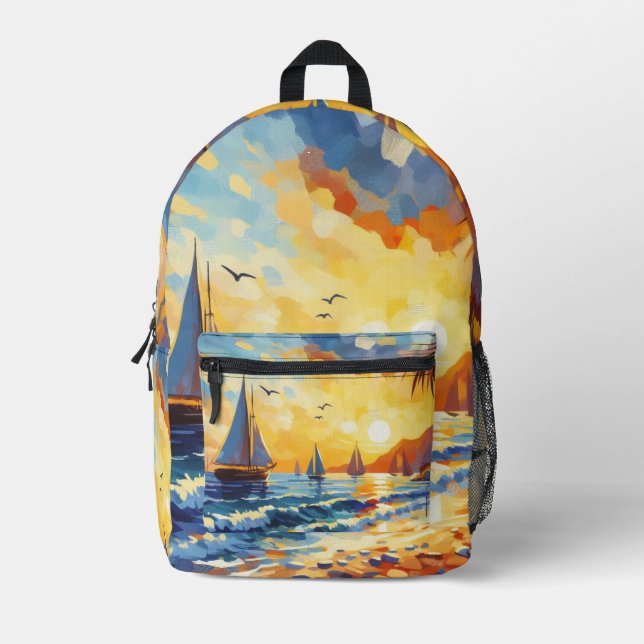 Nautical Sailboote Sunset Tropical Beach Bedruckter Rucksack (Vorderseite)