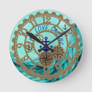 Nautical Sailing Clock Aqua and Gold Gears Runde Wanduhr