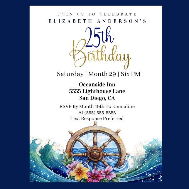 Nautical Sailing Wheel 21st Birthday Einladung (Nautical sailing wheel 21st birthday invitation with ocean waves and tropical flowers
)