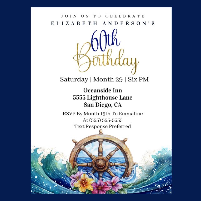 Nautical Sailing Wheel 60th Birthday Einladung (Nautical sailing wheel ocean waves floral 60th birthday invitation in navy blue and gold
)