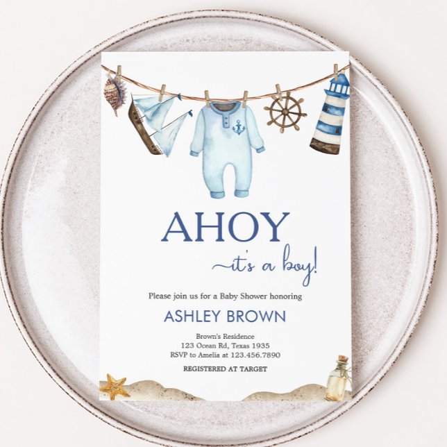 Nautical Sailor Ahoy Baby Dusche Einladung (Nautical Sailor Ahoy Clothesline Baby Shower Invitation)