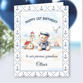 Nautical Sailor Niedlich Bär 1. Geburtstag Junge Karte