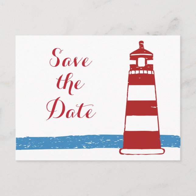Nautical Save the Date Lighthouse Red Blue Wedding Ankündigungspostkarte (Vorderseite)