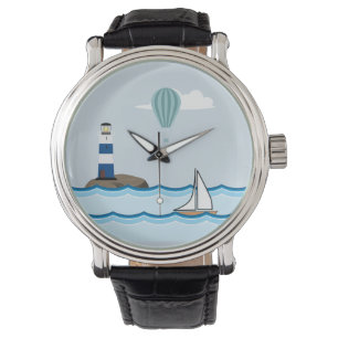 Nautical Scene with Lighthouse and Sailboat Armbanduhr