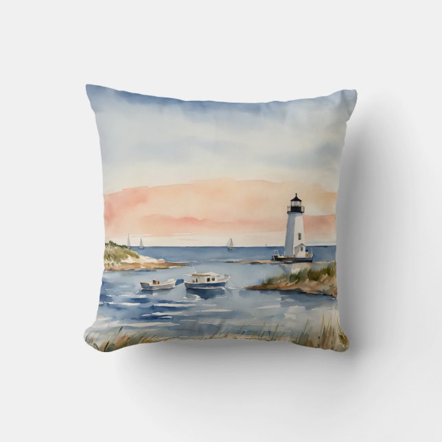 Nautical Seascape Coastal Boats Sunrise Leuchtturm Kissen (Vorderseite)