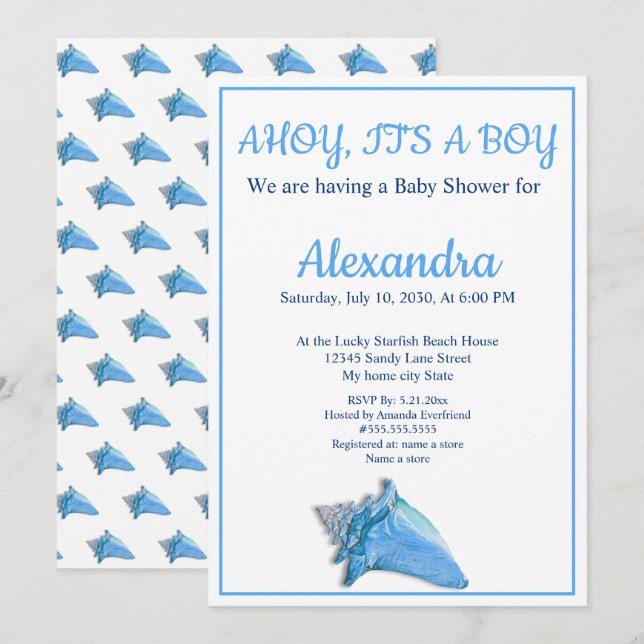 Nautical Seashell Blue Boy Baby Showeinladung Ankündigung (Vorne/Hinten)