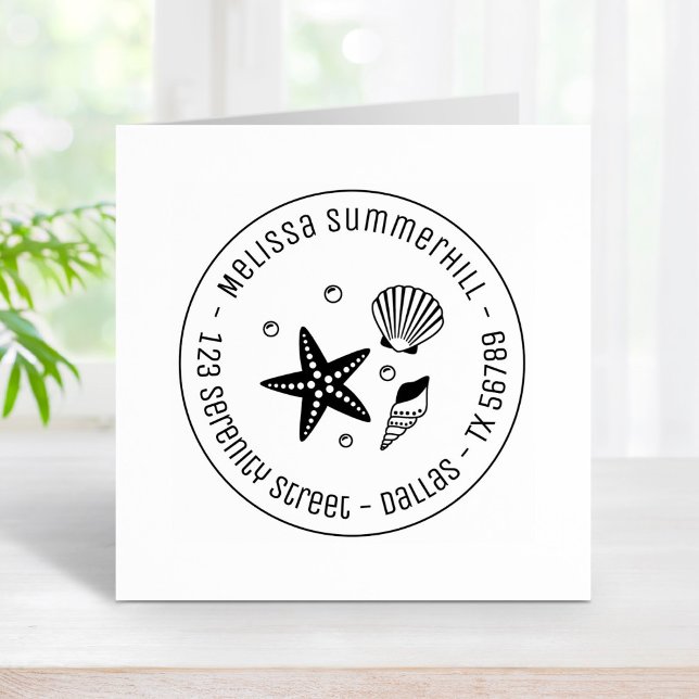 Nautical Seashell Starfish Pearls Round-Address Gummistempel (Von Creator hochgeladen)