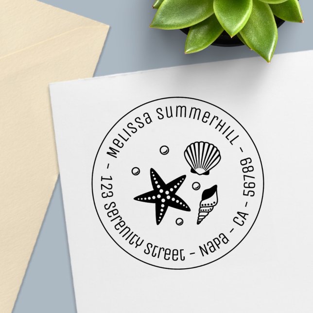 Nautical Seashell Starfish Pearls Round-Address Permastempel (Von Creator hochgeladen)