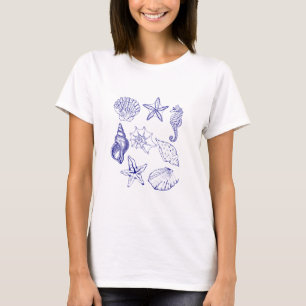 Nautical Seashell T - Shirt - Blue Line Art Ocean