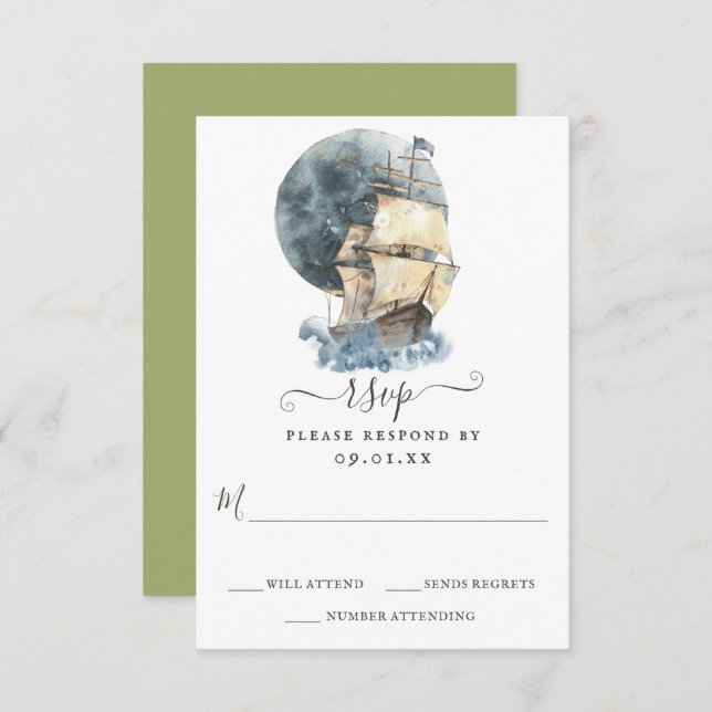 Nautical Segelschiff Beach Hochzeit in Urlaubsort RSVP Karte (Vorne/Hinten)