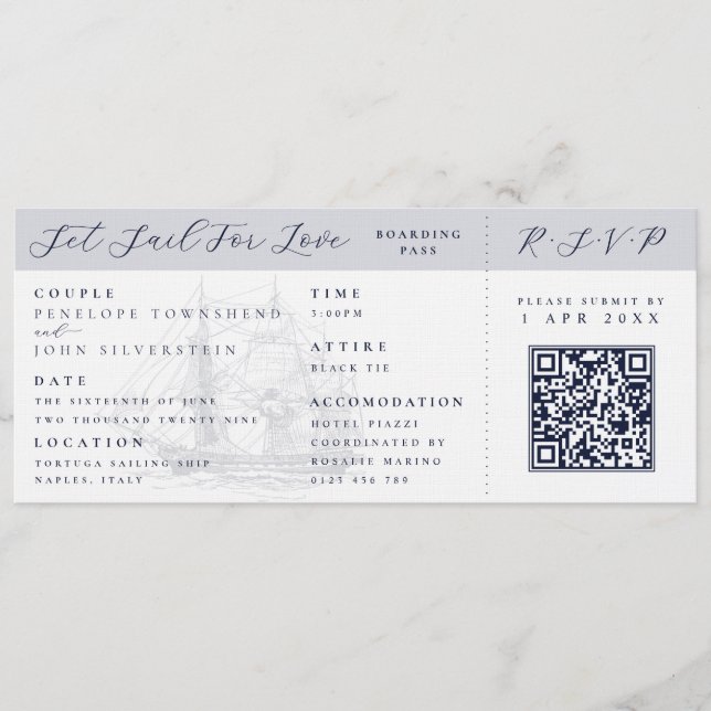 Nautical Ship Boarding Pass Destination Wedding  Einladung (Vorderseite)